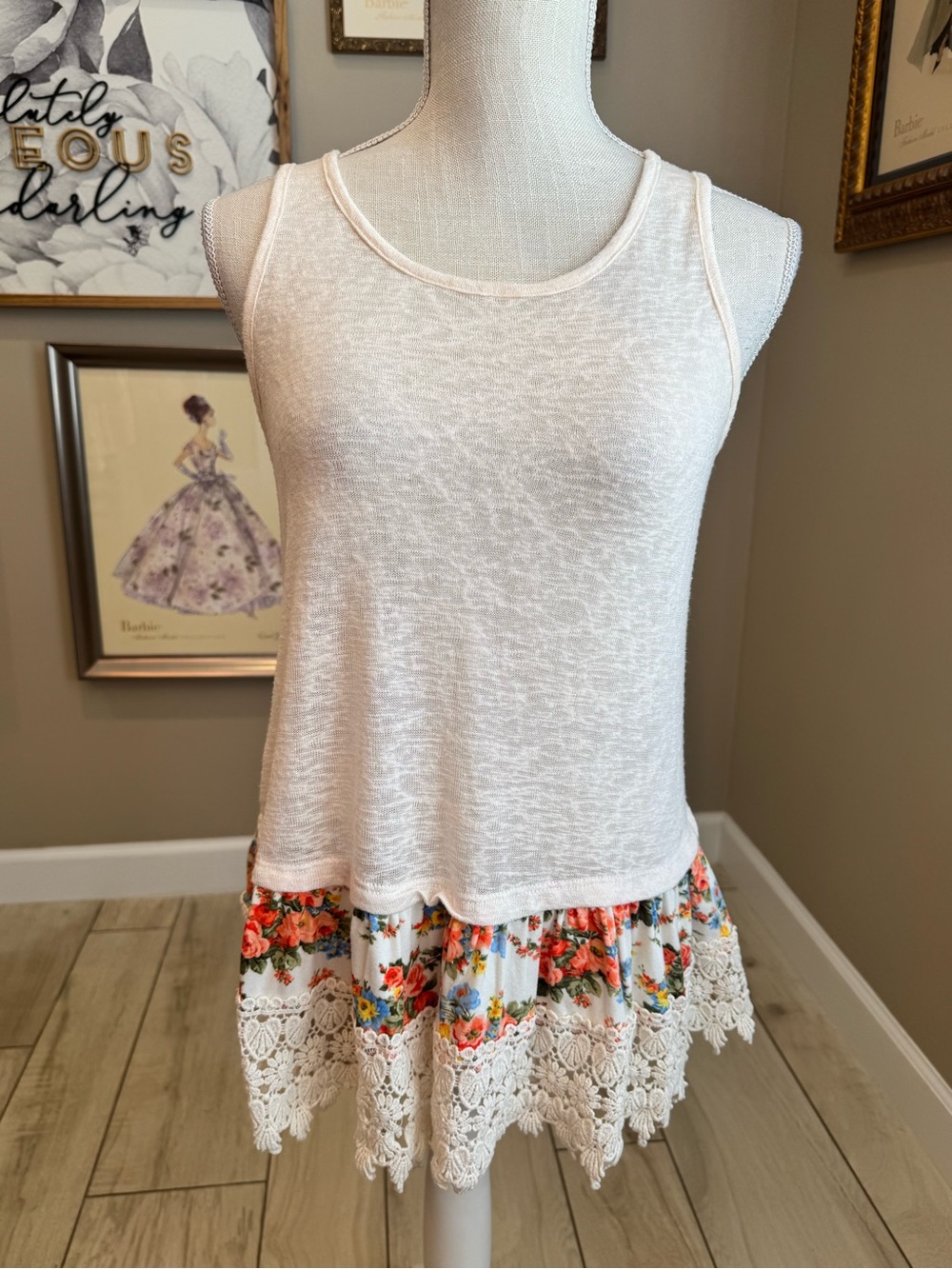 5 for $30 twenty second Boutique Floral and Lace Hem Cream Sleeveless Top